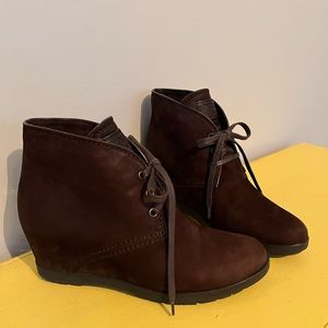 Prada brown suede tie up wedge booties